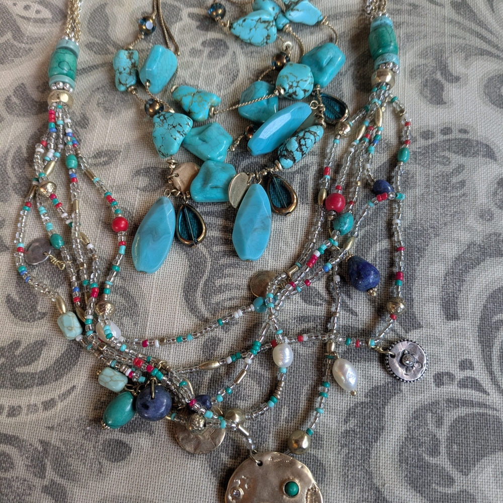 Chico's Turquoise Layered Beaded Necklace Bundle w/2 Pairs Of Earrings